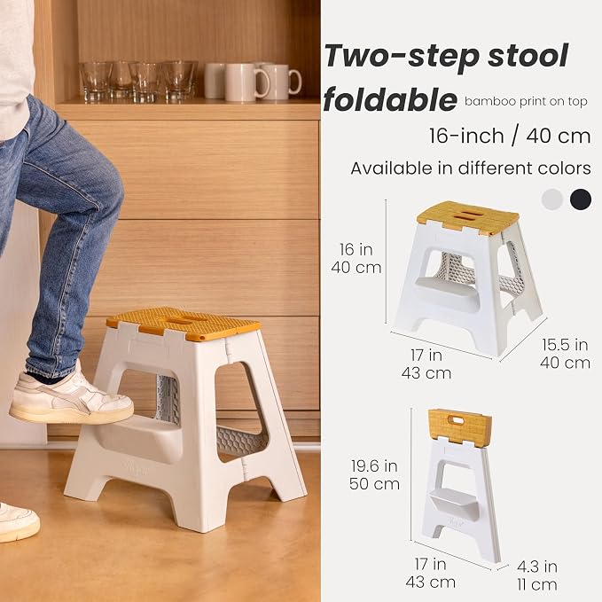 Vigar Compact Folding Step Stool - 16 Inch 2 Step Foldable Step Stool for Adults, Lightweight Portable Stool with Handle, Non Slip Step Stool, Space-Saving Stool up to 330 lb - Grey, Bamboo Print Top
