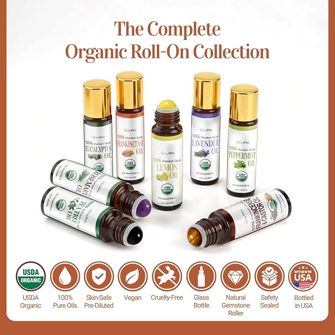 Frankincense Essential Oil Roll On for Calm Anxiety Stress Grounding - 100% Pure USDA Organic MCT Coconut Oil - Soothing Earthy Aroma Anti Aging Skin Care Wellness - Gemstone Roller 10ml Travel Size