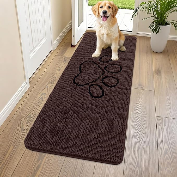 Smiry Dog Door Mat for Muddy Paws, Absorbent Dirt Trapper Non Slip Quick Dry Washable Chenille Mat for Mud Dogs, Entry Rug for Indoor and Outdoor (59x24 Inches, Brown and Black)