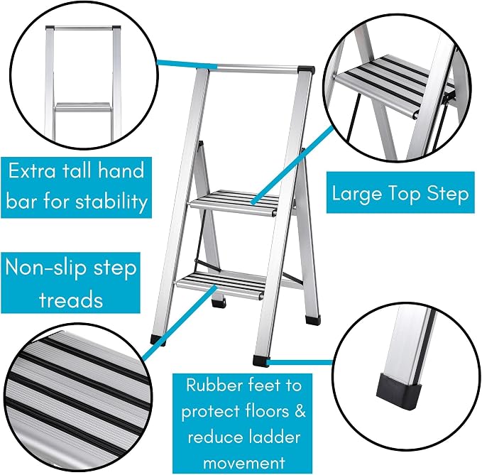 BIRDROCK HOME 2 Step Ladder | Folding Anti-Slip Step Stool, 250 lb Capacity | Lightweight, Slim & Sturdy Design for Household, Kitchen, Garage, Indoor & Outdoor Use | Collapsible, Portable, Heavy-Duty