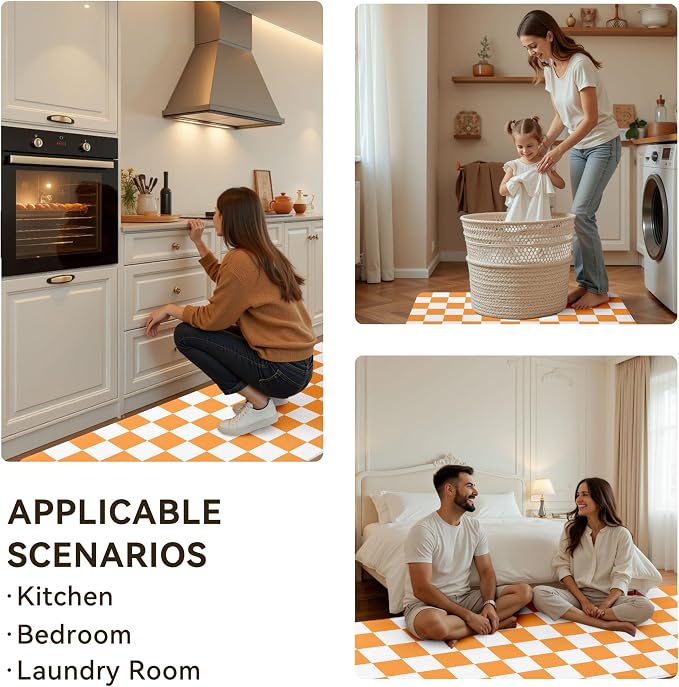 White Orange Checkered Grid Checkerboard Kitchen Rug Sets [2 PCs], Anti-Fatigue, Waterproof Non-Slip Kitchen Mats Heavy Duty Comfort Foam Rug for Kitchen, Floor, Laundry,17"x29"+17"x47"