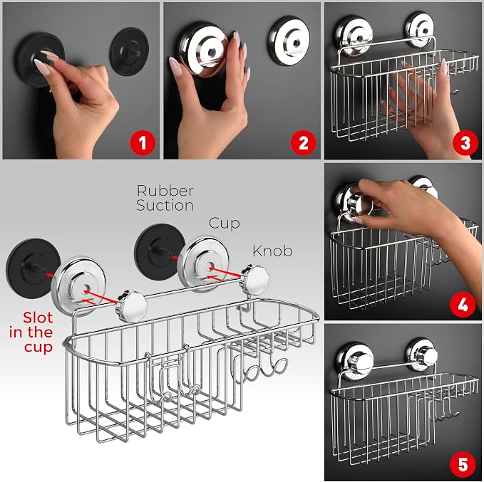 HASKO Shower Caddy Suction Cup, Shower Shelf with Soap Dish and Hooks Organizer, Suction Bathroom Shelf for Storage, Wall Mounted Basket (Polished Stainless Steel SS304)