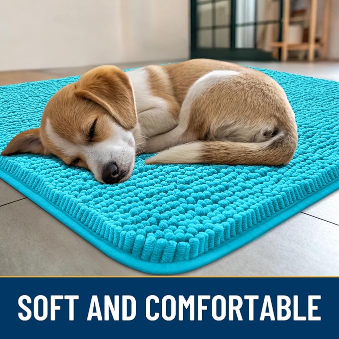 Smiry Dog Door Mat for Muddy Paws 70x32, Absorbent Dirt Trapper, Non-Slip Washable Chenille Entryway Rug for Inside Floor, Aqua Blue, Classic Solid