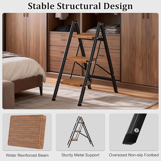 DIAMONDFORGE 3 Step Ladder, Lightweight Folding Step with Wide Anti-Slip Pedal & Feet, 330 lbs Capacity,Sturdy Steel Step Ladder for Home,Kitchen and Office,Woodgrain