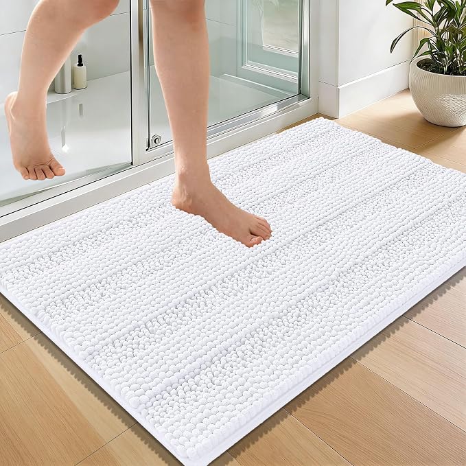 OLANLY Thick Bathroom Rugs 36x24, Extra Soft Absorbent Chenille Striped Bath Rugs, Rubber Backing, Machine Wash Dry, Bath Mats for Bathroom Floor, Tub and Shower, Home Decor Accessories, White