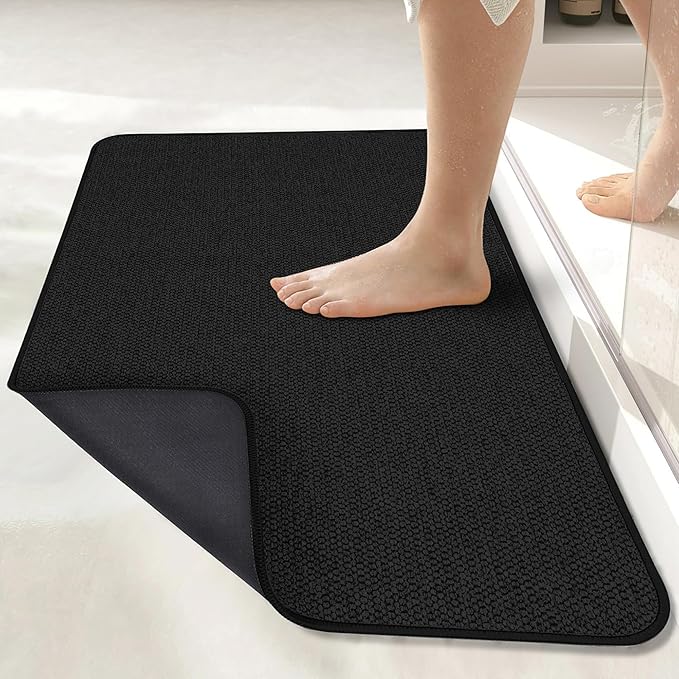 Bosap Bath Mat,Ultra Thin Bathroom Runner Rugs,Large Bath Mats for Bathroom,Quick Dry,Non-Slip,Machine Washable,Low Pile,Bath Rug,Shower Outside,Sink,Home Decor Accessories.Black,3'x6'(36x72inch)