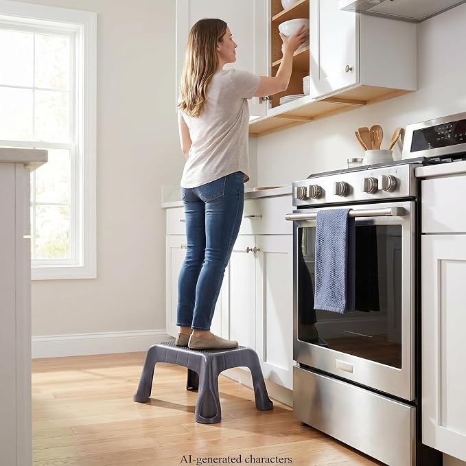 Heavy Duty Plastic Step Stool - 300lb Capacity, Non-Slip Textured Tread - Compact 1-Step Design for Kitchen, Bathroom & Garage - Stable Wide Base (Gray)