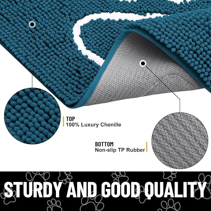 Smiry Dog Door Mat for Muddy Paws, Absorbent Dirt Trapper Non Slip Quick Dry Washable Chenille Mat for Mud Dogs, Entry Rug for Indoor and Outdoor (30x20 Inches, Atlantic Blue and White)
