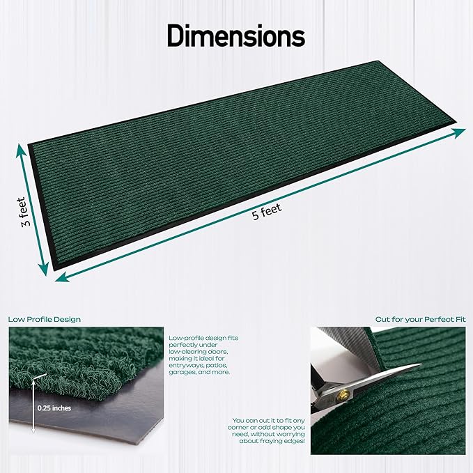 Durable Rubber Door Mat - Heavy Duty, Indoor/Outdoor, Easy Clean, Waterproof, Low-Profile Mat for Entry, Patio, Garage - Stylish (Green, 3 x 5 Feet)