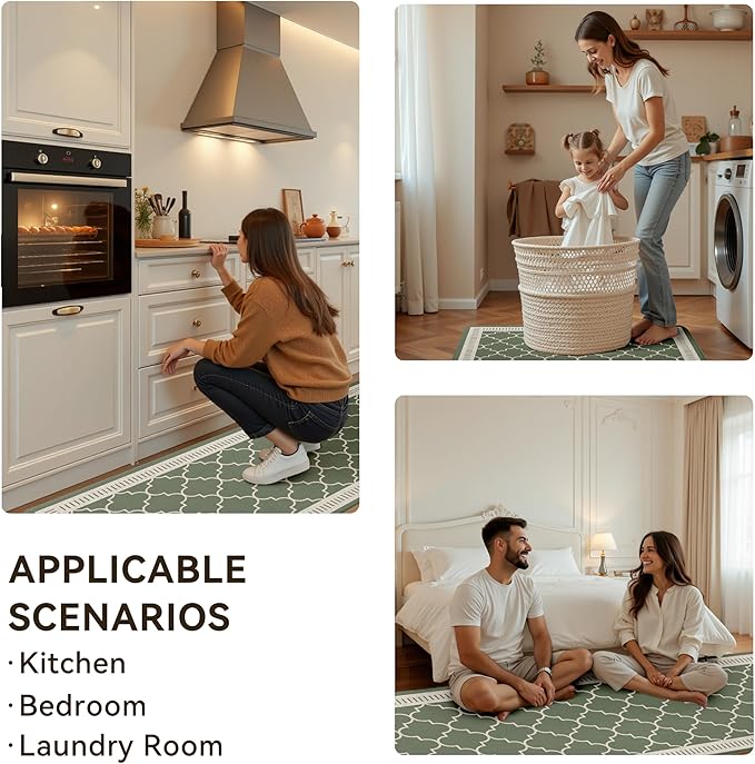 Sage Green Vintage Moroccan Grid Elegance Kitchen Rug Sets [2 PCs], Anti-Fatigue, Waterproof Non-Slip Kitchen Mats Heavy Duty Comfort Foam Rug for Kitchen, Floor, Laundry,17"x29"+17"x47"