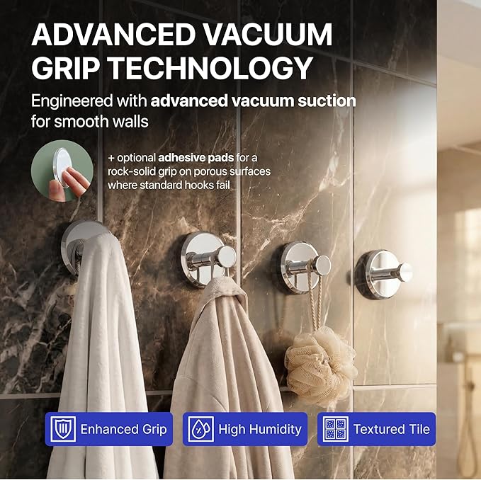 HOME SO Suction Cup Hooks for Shower & Bathroom Towel Holder 4-Pack – Suction Cups Hooks for Hanging Towels, Robes, & Coats - Tiles, Glass Door or Mirror – Shower Hooks & Towel Hooks Organizer -Chrome
