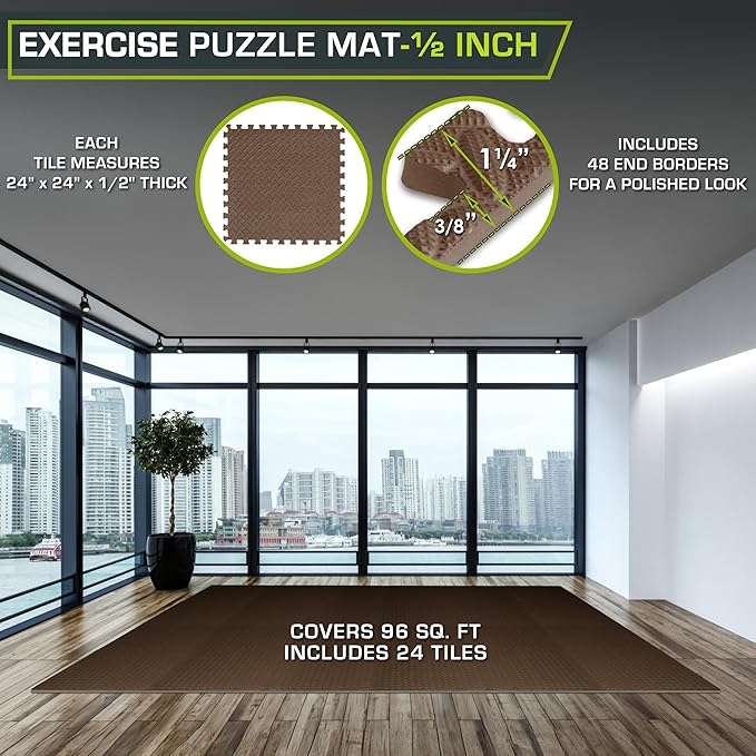 ProsourceFit Exercise Puzzle Mat 1/2-inch, EVA Interlocking Foam Floor Tiles for Home Gym, Workout Equipment, Kids Play Areas, Brown, 96 Sq Ft - 24 Tiles