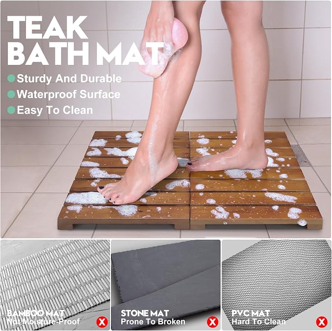 Teak Shower Mat - Foldable Wood Bath Mat, Floor Mat for Bathtub, Door, Spa, Sauna, Pool, Ideal for Indoor Outdoor