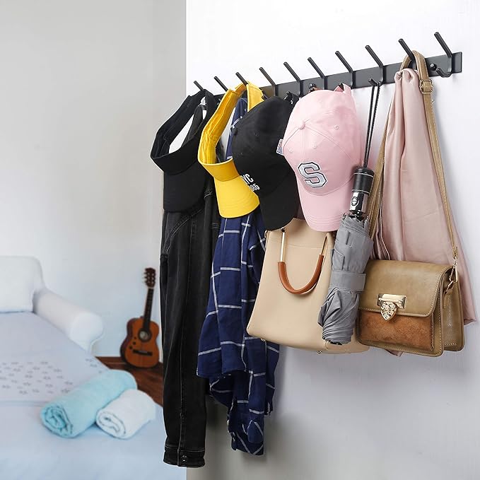 WEBI Coat Rack Wall Mounted,24 Inch 8 Hooks for Hanging Coats,Hook Rack Hook Rail Coat Hanger Wall Mount for Backpack,Clothes,Jacket,Black,2 Packs