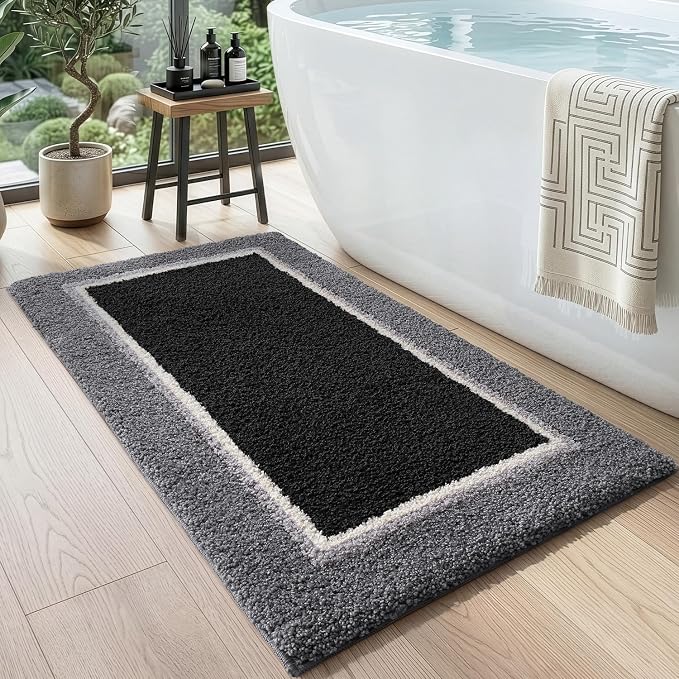 DEXI Bathroom Rugs 43x24, Absorbent Extra Soft Plush Microfiber Bath Mat for Bathroom, Non Slip Washable Bathmat Quick Dry for Shower Floor, Sink, Tub, Laundry Room, Black and Grey