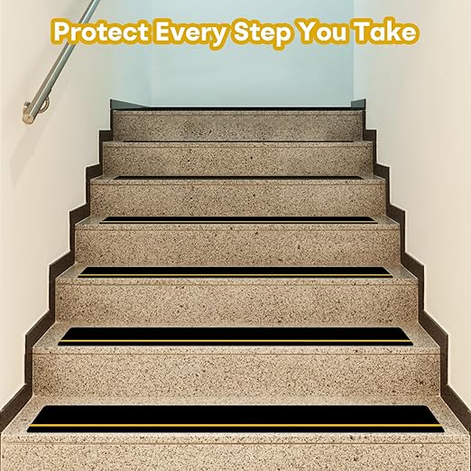 10 Pack Anti Slip Traction Treads with Reflective Stripe, 6” x 30” Grit Non Slip Waterproof Tape Pre-Cut Tape with Roller, High Traction Friction Abrasive Adhesive for Stairs Step, Black & Yellow