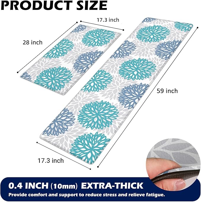 Teal Kitchen Mats Set of 2 Cushioned Anti Fatigue Kitchen Rugs Non Slip Waterproof Runner Memory Foam Kitchen Floor Mat Comfort Standing Mat for Sink,Office,Laundry