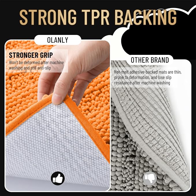 OLANLY Thick Bathroom Runner Rugs 44x24, Extra Absorbent Chenille Striped Bath Rugs, Rubber Backing, Machine Wash Dry, Long Bath Mats for Bathroom Floor, Tub and Shower, Home Decor Accessories, Orange