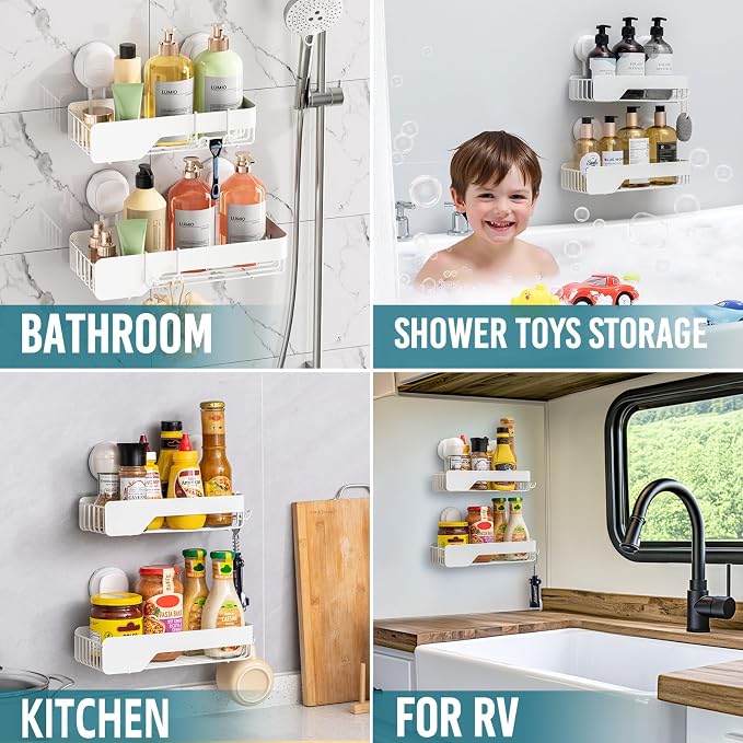 TAILI Shower Caddy Suction Cup 2 Pack With Visible Safety Indicator, Stainless Steel Rustproof Shower Shelves, No Drilling Wall Mounted Basket, Upgraded Removable Suction Cup Bathroom Organizers,White