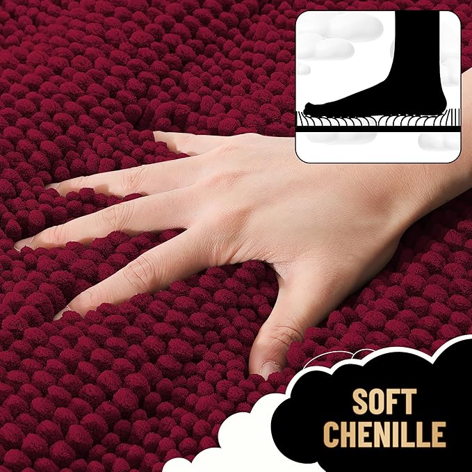 OLANLY Thick Bathroom Runner Rugs 44x24, Extra Absorbent Chenille Striped Bath Rugs, Rubber Backing, Machine Wash Dry, Long Bath Mats for Bathroom, Tub and Shower, Home Decor Accessories, Burgundy