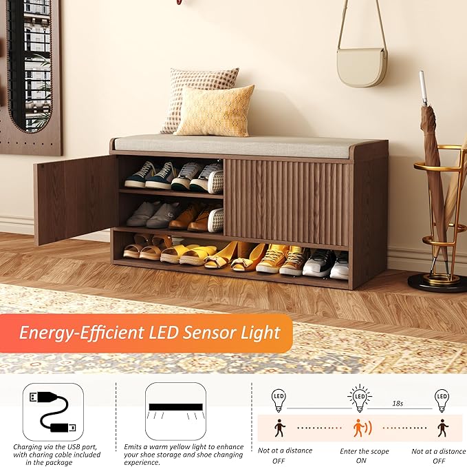 HOMEFORT 39.4" Fluted Shoe Storage Bench, Entryway Bench with Linen Seat Cushion, Shoe Cabinet Bench with Adjustable Shelf and Built-in LED Sensor Light, Bench for Bedroom End of Bed,Walnut