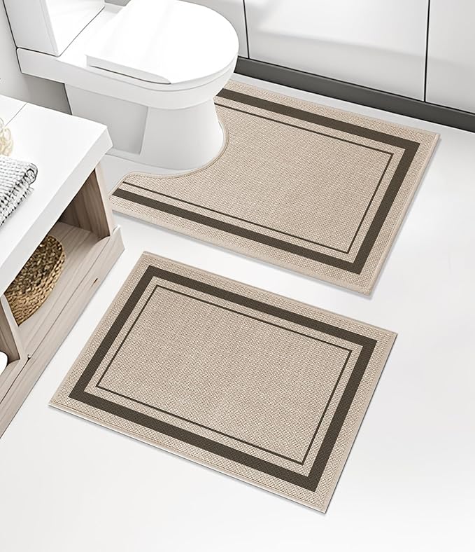 chakme 2 Piece Bathroom Rug Sets, Ultra Thin Absorbent Bath Mat for Bathroom Non Slip Machine Washable, Light Beige, 17"x24"+Toilet Mat