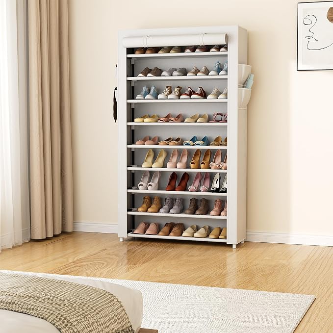 LANTEFUL Shoe Rack with Covers 10 Tier Tall Shoe Rack Organizer Large Capacity Shoe Shelf Storage 40 Pairs Space Saving Free Standing Shoe Storage Organizer for Closet, Entryway, Dorm, White