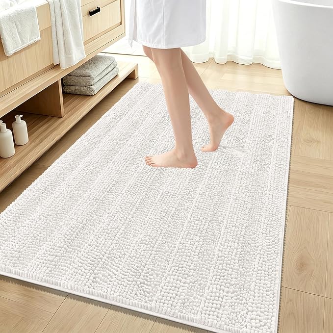 OLANLY Thick Large Bathroom Rugs 59x35, Extra Soft Absorbent Chenille Striped Bath Rugs, Rubber Backing, Machine Wash Dry, Bath Mats for Bathroom Floor, Tub and Shower, Home Decor Accessories, Ivory