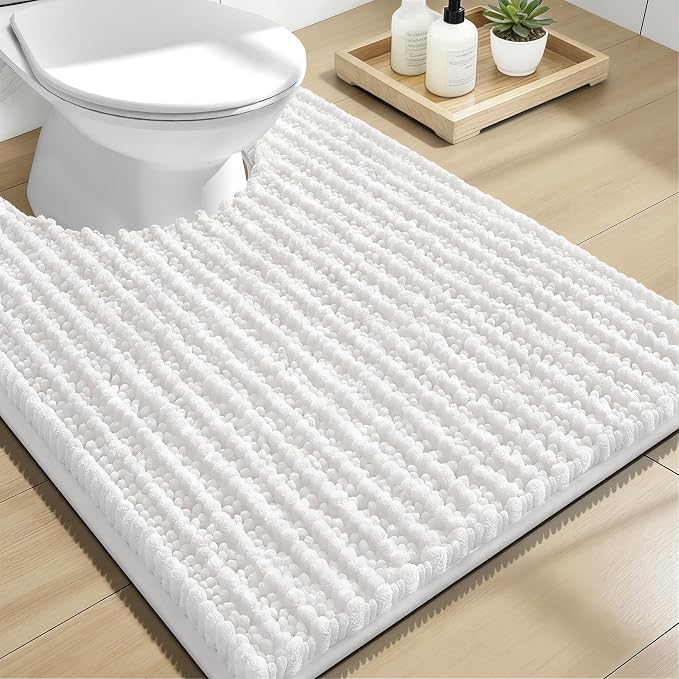OLANLY Toilet Rugs U Shaped 24x20, Thick Soft and Absorbent Chenille Contour Bath Mat, Non-Slip Rubber Backing, Machine Washable Quick Dry Toilet Mat, Home Decor Accessories, Ivory