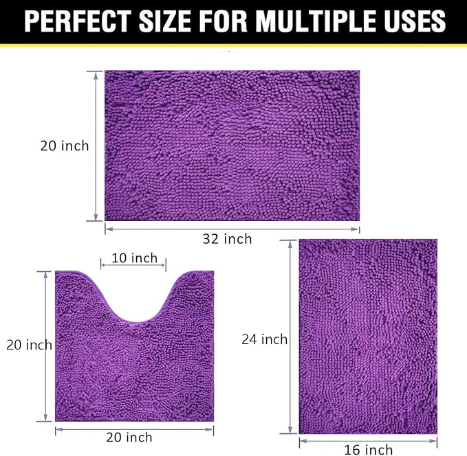 Bathroom Rugs Chenille 3-Piece Extra Soft and Absorbent Shag Bathroom Rugs, Machine Wash Mat, Strong PVC Non-Slip Underside, Plush Carpet Mats (Violet)