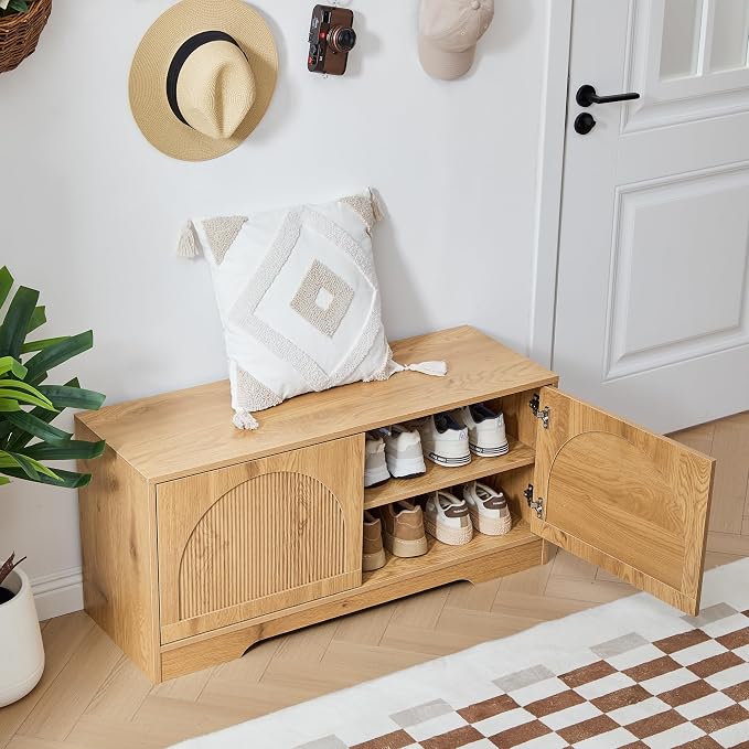 BERRYMERRY 39.4" Fluted Shoe Storage Bench for Entryway,2 Tier Shoe Cabinet Bench with Adjustable Shelf,Bench for Bedroom End of Bed (Natural, 13.8”D x 39.4”W x 18.5”H)