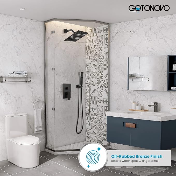 gotonovo Rainfall Bathroom Shower System Rain Shower Head and Handle Set Wall Mounted Shower Complete Combo Solid Brass Pressure Balancing Shower Mixer Valve 8 Inch Oil Rubbed Bronze