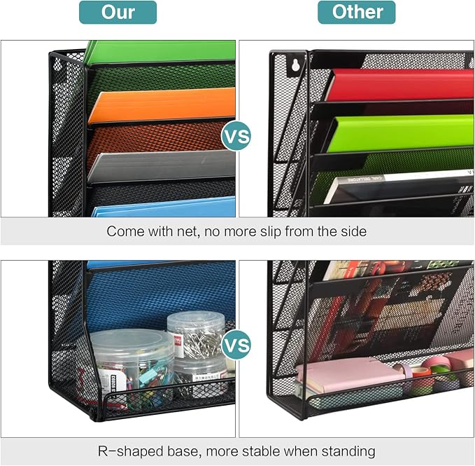 Jakyitvi File Organizer Wall Mounted, 4 Tiers Durable Adjustable Metal Desk Organizer, Desktop Hanging File Holder with 4 Pen Slots Stable, 4 Pull-Out Divider for File, Mail, Black, Patent Pending