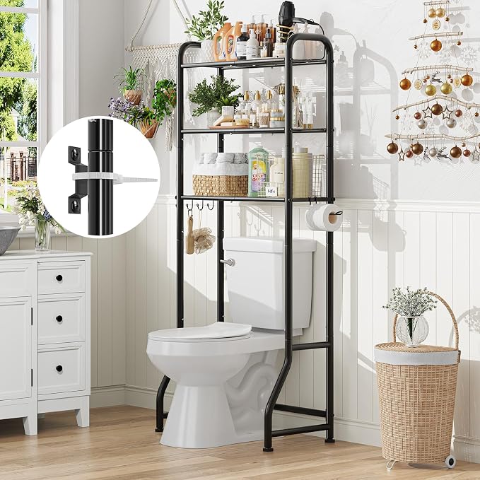 Simple Trending Over The Toilet Storage Rack, Metal 3 Tier Bathroom Organizer Shelf with Paper Holder and 3 Hooks, Freestanding Shelf Space Saver Above Toilet,Black
