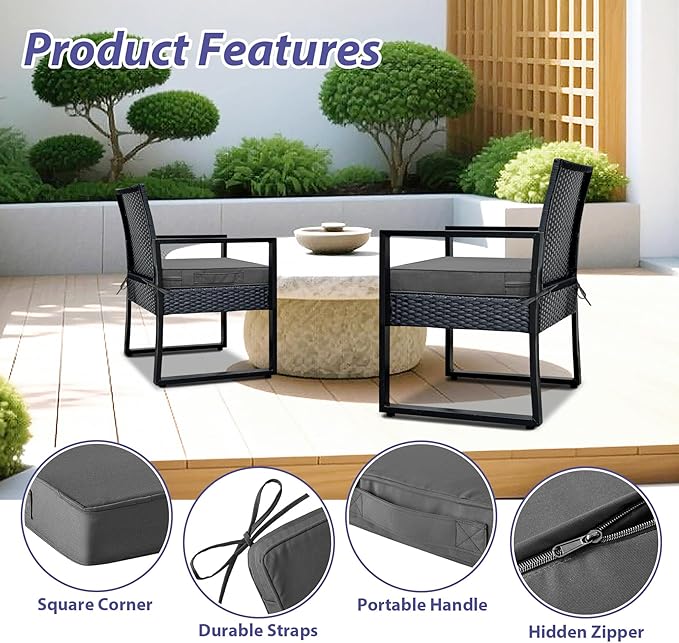 IPYNBAP Outdoor Chair Cushions Set of 4 -Waterproof Outdoor Seat Cushions for Patio Furniture, Patio Chair Cushion with Handle and Ties, Out Door Chair Pads,19x19x3-Square, Darkgrey