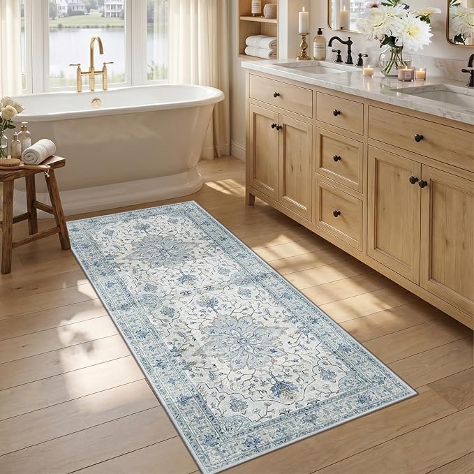 RELEANY Area Rugs Runner 2'6"x5' Washable Non-Slip, Floral Vintage Distress Medallion Carpet for Kitchen Hallway Bedroom Beside Laundry Room Bathroom, Light Blue Navy Gray White