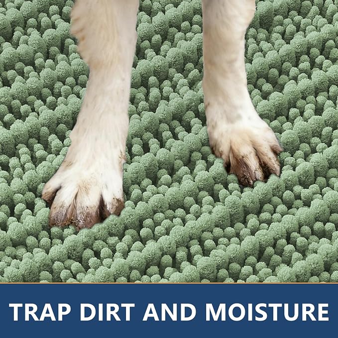 Smiry Dog Door Mat for Muddy Paws 24x16, Absorbent Dirt Trapper, Non-Slip Washable Chenille Entryway Rug for Inside Floor, Olive Green, Layered Pattern