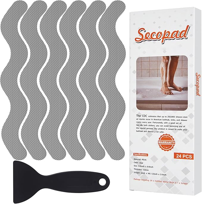 Secopad Patented Anti Slip Shower Stickers, 24PCS Adhesive Decals Safety Strips with Scraper for Bath Tub, Shower Floor, Stairs, Grey, 0.8"*8"