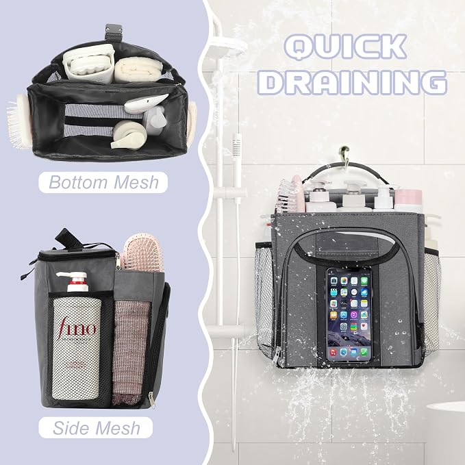 Attmu Shower Caddy Portable, Hanging Shower Bag for Dorm Room College, Large Capacity Quick Dry Mesh Tote Bag for Travel Camping Essentials (Gray)