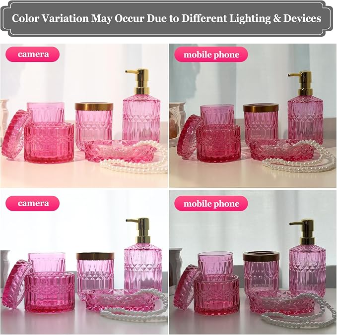 Hot-Pink Glass Bathroom Accessories Set 5 Pcs, Hot-Pink Bathroom Set, Soap Dispenser and Toothbrush Holder Set, Qtip Holder Set, Vintage Bathroom Sink Set, Cute Bathroom Decor