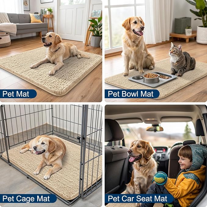 Smiry Dog Door Mat for Muddy Paws 44x24, Absorbent Dirt Trapper, Non-Slip Washable Chenille Entryway Rug for Inside Floor, Beige, Classic Solid