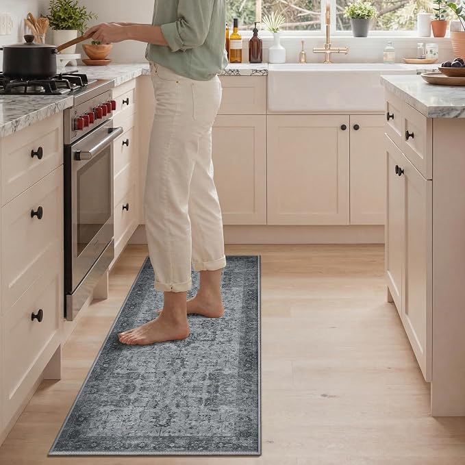 GENIMO Kitchen Rugs Non Slip Washable, 2PCS Kitchen Mats for Floor, Cushioned Standing Mat, Kitchen Runner Rug Floor Mat for Kitchen Decor, Laundry, Sink, Home, 20"x32"+20"x48", Vintage Grey