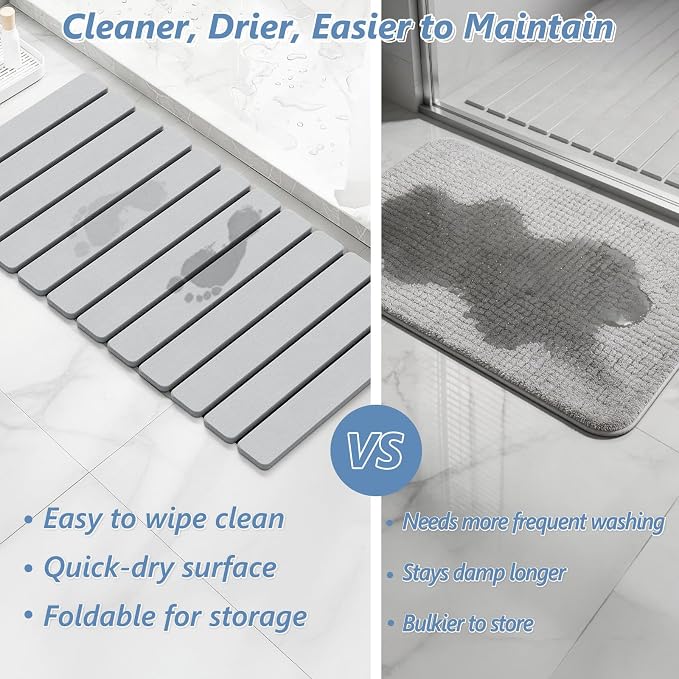 AWW Foldable Stone Bath Mat, Quick Dry Diatomaceous Earth Bath Mat with Non-Slip Mat, Super Absorbent, Easy to Clean, Compact for Small Bathrooms, 31.5 x 15.7, Light Grey