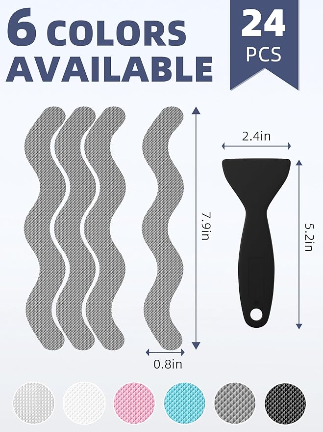 Secopad Patented Anti Slip Shower Stickers, 24PCS Adhesive Decals Safety Strips with Scraper for Bath Tub, Shower Floor, Stairs, Grey, 0.8"*8"