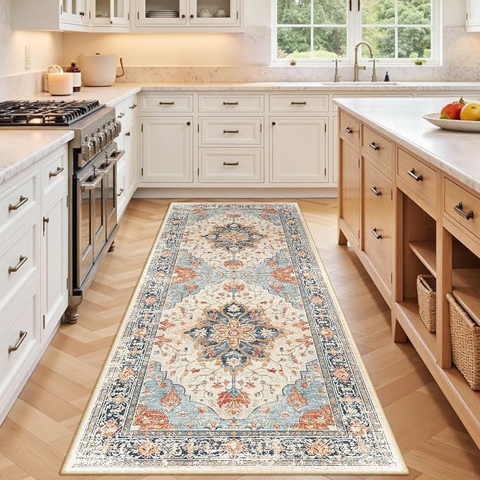 RELEANY Area Rugs Runner 3'x7' Washable Non-Slip, Floral Vintage Distress Medallion Carpet for Kitchen Hallway Bedroom Beside Laundry Room Bathroom, Beige Navy Blue Orange Colorful