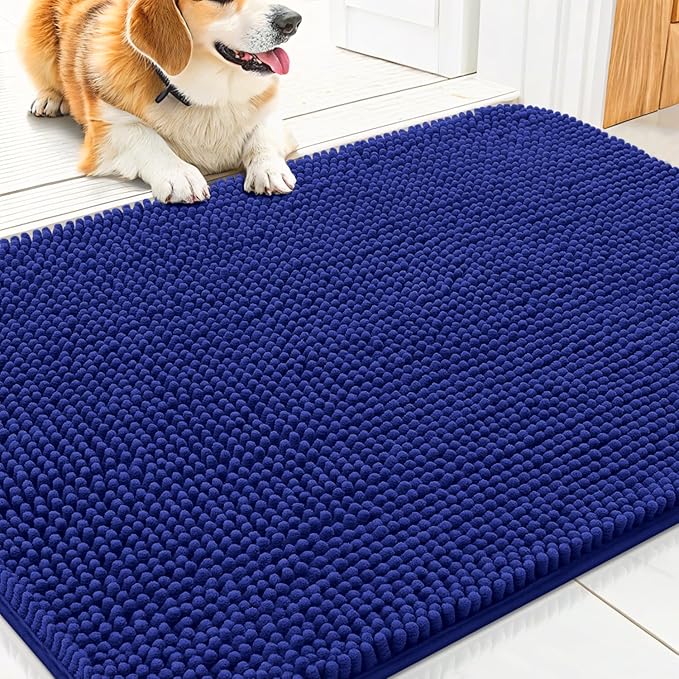 Smiry Dog Door Mat for Muddy Paws 30x20, Absorbent Dirt Trapper, Non-Slip Washable Chenille Entryway Rug for Inside Floor, Navy Blue, Classic Solid