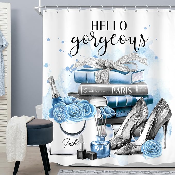 Girly Blue Shower Curtain 60Wx72H Silver Fashion Shower Curtain Women Girls Gray Teal Flower Perfume Bathroom Curtain Set High Heels Magazine Books Floral Bathroom Decor Fabric with 12 Hooks