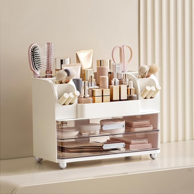 HBlife Makeup Organizer for Vanity with Brush Holder, Large Bathroom Countertop Cosmetic Organizer Skin Care Storage, Easy to Store Lipsticks, Nail Polishes, Perfumes, Eyeshadow Palettes, White