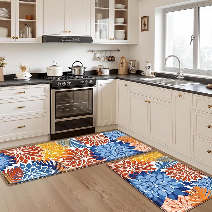 Arenarug Kitchen Mats for Floor 2PCS Cushioned Anti Fatigue Kitchen Mats Waterproof Non Slip Kitchen Mat Rug Set Comfort Foam Standing Mat for Sink, Laundry, Office, 24"x39"+24"x59", Red Blue