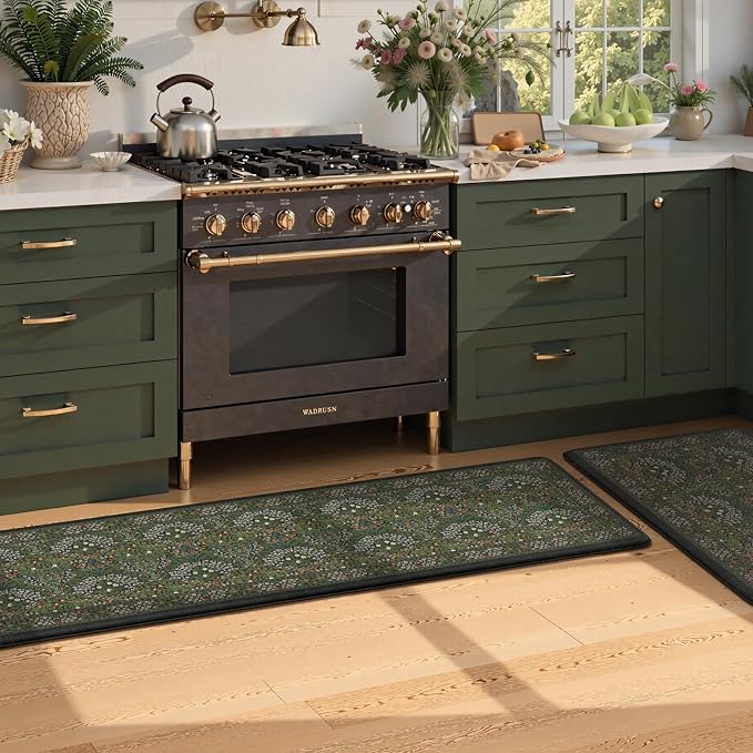 Collive Kitchen Mats Cushioned Anti Fatigue, Waterproof Kitchen Floor Mat Non Slip Desk Rugs Comfort Standing Rug for Sink, Office, Laundry, Home Decor, Dark Green
